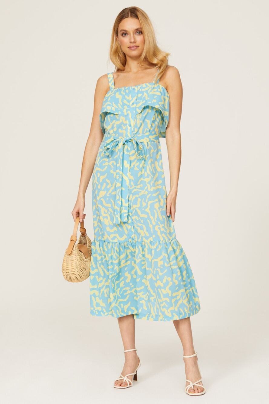 Derek Lam 10 Crosby Blue Yellow Scribble Print Flounce Square Neck Midi Dress 0